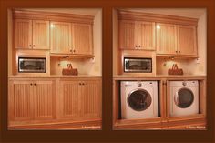 two pictures of a kitchen with wooden cabinets and washer and dryer combos