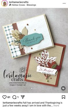 two cards with the words thank you and an image of leaves on them, one has a