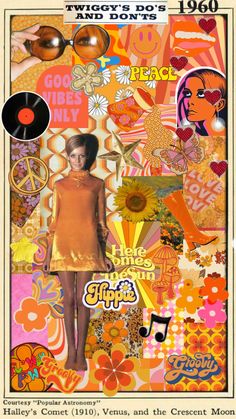 an image of a woman in orange dress surrounded by flowers and other items from the 1960s's