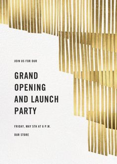 a white and gold party card with the words grand opening and launch party on it