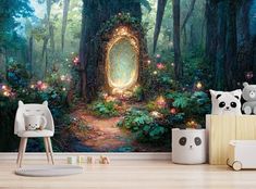 an image of a forest scene with a fairy door in the woods wallpaper mural