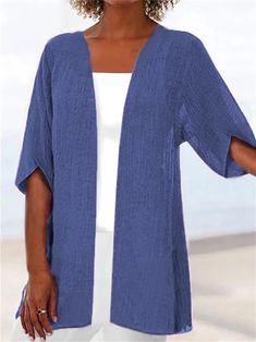 Women Half Sleeve Scoop Neck Solid Cardigan Tops Trendy Summer Cardigan With Pockets, Casual Relaxed Fit Short Sleeve Cardigan, Trendy Solid Open Front Tops, Trendy Solid Color Open Front Tops, Solid Color Short Sleeve Summer Outerwear, Casual Solid Outerwear With Batwing Sleeves, Solid Non-stretch Spring Cardigan, Spring Solid Non-stretch Cardigan, Solid Color Open Front Summer Top