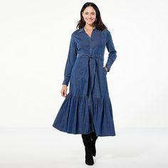 TWRHLL by Christie Brinkley Denim Long-Sleeve Maxi Dress  Easygoing denim. A nostalgic, shirtdress silhouette. That playful hem. The feeling of idyllic days spent out and about lives in this versatile, all-season dress from TWRHLL. It's an effortless, one-and-done maxi that'll treat any look to a chic and breezy, coastal vibe. Maxi Design, Maxi Dres, Christie Brinkley, Peplum Styles, Long Sleeve Maxi, Draped Fabric, Maxi Dress Blue, Out And About, Shirtdress