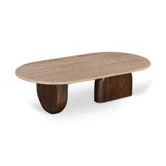 an oval table with two wooden legs and a circular top, made from natural wood