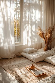 Cozy Fall Living Room with sunlight filtering through curtains, neutral cushions, a textured rug, and a simple fall tray decor featuring a pumpkin and candle. Modern Fall Home Decor, Peaceful View, Fall Accents, Living Room Loft, Modern Fall, Home Decor Modern, Farmhouse Dining Room, Fall Home, Beautiful House