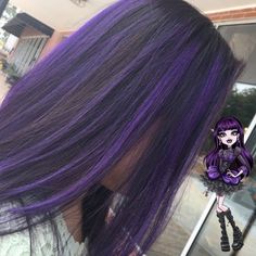 Purple Highlights In Dark Brown Hair, Black Hair With Pink And Purple Streaks, Purple Stripes In Brown Hair, Black Blonde Purple Hair, Purple Draculaura Hair, Purple Partial Highlights, Black And Purple Chunky Highlights, Elissabat Hair, Skunk Hair Purple