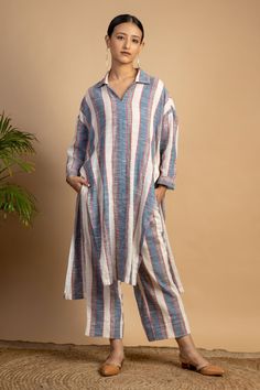 Shop for Doodlage Multi Color Upcycled Cotton Blake Stripe Pattern Tunic And Pant Set for Women Online at Aza Fashions Coord Sets For Women Indian Cotton, Co Ords Outfits Indian Cotton, Co Ords Outfits Indian, One Set Outfit, Indian Kurti Designs, Indian Kurti, Kurta Patterns