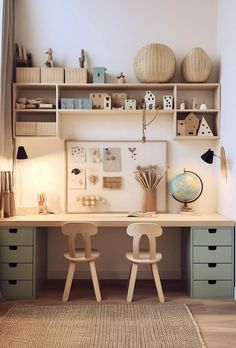 a desk with two stools in front of it and shelves on the wall above