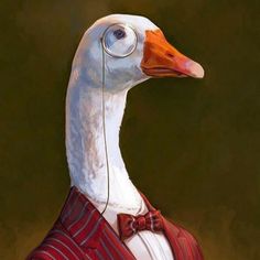 a painting of a goose wearing a red and white suit with glasses on it's head