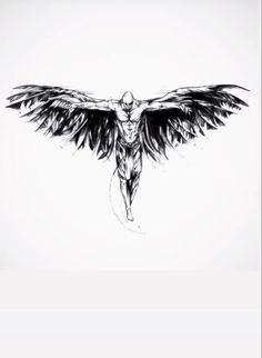 a black and white drawing of a man with wings