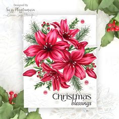 christmas card with poinsettis and holly