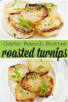 garlic ranch butter roasted turnips on a white plate with green garnish