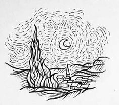 an ink drawing of a night sky with stars and clouds