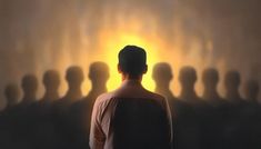 a man standing in front of a group of people with their shadows on the wall