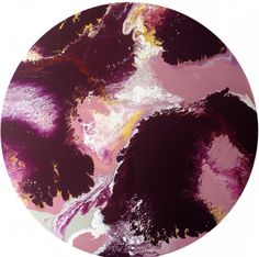 an abstract painting in pink, purple and yellow on a circular surface with white background