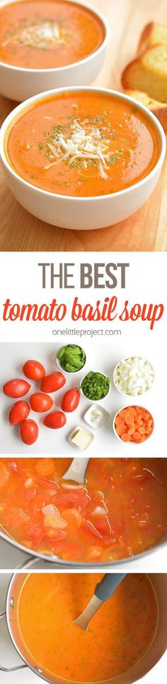 the best tomato basil soup is in two bowls and ready to be served with other ingredients