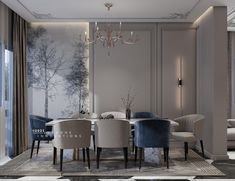 an elegant dining room with blue and white chairs