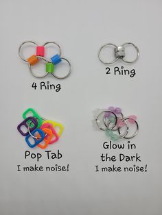 four different types of rings with the words pop tab in them and i make noise