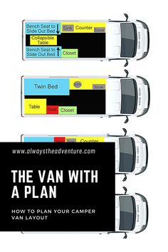 the van with a plan is shown in three different colors and font on each car