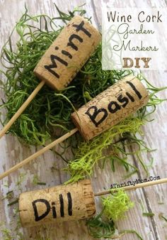 wine corks with the words diy written on them and moss growing around them