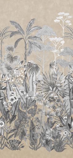 an artistic drawing of flowers and plants on a beige background with silver foiled edges