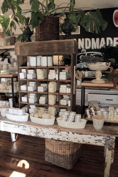 a table that has some food on it and plants in the corner next to it