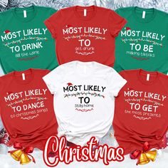 Get festive with our "Most Likely to Christmas" Shirt! Perfect for matching with friends, Christmas parties, or your holiday crew. This unique tee is a fun winter season gift that adds a playful touch to any celebration. Spread cheer and stand out at every holiday gathering! 🎄🎉 HOW TO ORDER 📸 Please review all photos and videos thoroughly. 👕 Choose your preferred product style, color, and size. ✍️ Enter your Text/Design in the Personalization Box (if applicable). 🛒 Click "Add to Cart." You can add more items to your cart by repeating these steps. 🛍️ Proceed to checkout. PROCESSING & SHIPPING TIME Our processing time is typically 1-3 business days, subject to change during peak seasons and order volume. Check our policies for current production times. Please note: The "ship by" date o Christmas Matching, Friends Christmas, Christmas Parties, Friend Christmas, Holiday Gathering, Text Design, Unique Christmas, Christmas Shirt, Winter Season