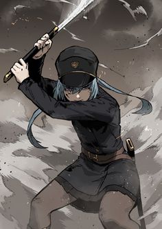 an anime character holding a baseball bat in his hand and wearing a uniform with long hair