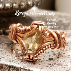 "Wire Wrapped Ring tutorial using a faceted stone. This is a PDF Tutorial on how to make the ring in the above photos, any facet stone may be used but be mindful of stone size. Proportion marerial length depending on the ring size desired. With this tutorial, you will learn a few wire wrapping techniques and how to make this particular ring, and setting a faceted stone.  Tools and Materials needed  For Beginner/Intermediate Skill level  You will need the following tools and materials.  Tools: Flat nose pliers Flush cutter Mandrel (or any round object) Half-round file (optional) Jewelry hammer and hard surface (optional)  Materials: 6x9mm facet stone or 5x7mm facet stone 20 gauge wire square x4 @ 7 inches each 18-22 gauge half round about 32 inches of wire 2 small pieces of 16-20 gauge half Wrapped Ring Tutorial, Wrapping Techniques, Wire Wrapping Techniques, Ring Pattern, Stone Tools, Pendant Tutorial, Ring Tutorial, Wire Wrapped Ring, Diy Wire Jewelry