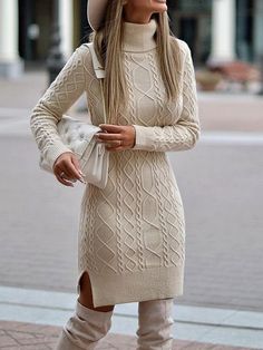 Loose Knit Dress, Cotton Knitting, Long Sleeve Turtleneck Dress, Knitted Jumper Dress, Sweater Dress Casual, Split Hem Dress, Cable Knit Sweater Dress, Vogue Knitting, Winter Chic