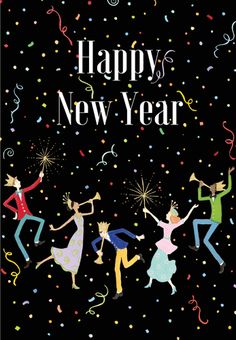 a happy new year card with people dancing and confetti