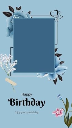 a blue birthday card with flowers on it