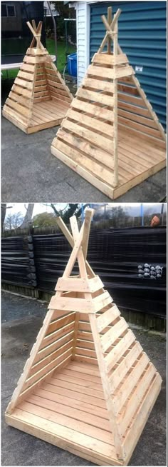 two wooden structures made out of wood planks