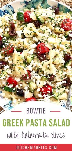 A close up of bowtie greek pasta salad. Greek Bow Tie Pasta Salad, Bow Tie Feta Pasta Salad, Greek Bowtie Pasta Salad, Shrimp And Feta Pasta Salad, Pasta Salad With Feta Cheese And Olives, Greek Feta Pasta Salad, Greek Pasta Salad With Shrimp, Greek Pasta Salad Recipes Cold, Bowtie Pasta Recipes Salad