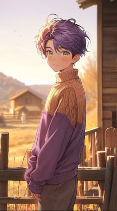 an anime character with purple hair standing in front of a wooden fence and looking off into the distance