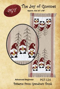 the joy of gnomes applique pattern is shown in red and white, with santa