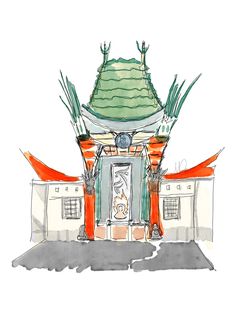 a watercolor and ink drawing of a building with an orange awning on top