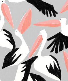 a flock of pelicans flying across a gray and white background with pink accents