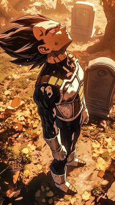 a cartoon character standing in the leaves near a gravestone with his hair blowing in the wind