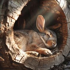 a bunny is sleeping in a hollow on the tree trunk with its eyes closed and it's ears curled up