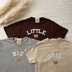 These cute Bear Sorority Big Little Shirts are great for Big Little Reveal / Bid day! They are perfect to give to your big/lil as a gift and match outfits with! <3  - These letters are iron-on patched and is heat pressed, not embroidered. - All our shirts run a Unisex fit. They are naturally oversized, so we highly recommend choosing your actual size! Size down if you'd like it more fitted.  - Material is super soft and comfy! ♡ - Please note that shirt brand used may vary depending on what our Trendy Big Little Reveal Themes, Big Little Shirts Sorority, Sorority Big Little Reveal, Big Little Basket, Sorority Tees, Big Little Shirts, Big Lil, Sorority Paddles, Sorority Big Little