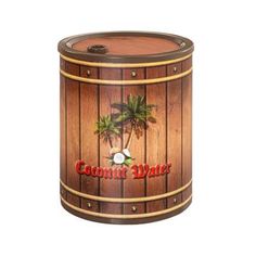 a wooden barrel with coconuts and palm trees on it, that says coconut water