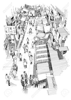 a drawing of people walking around an outdoor market