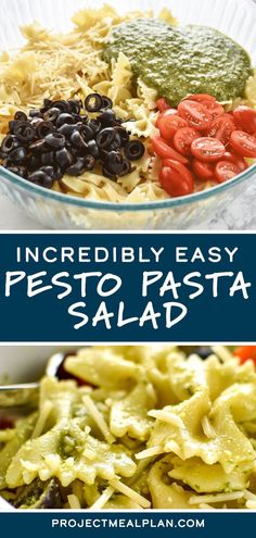 pasta salad with pesto sauce and black olives