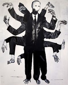 a black and white drawing of a man with hands in the air