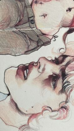 a drawing of two people laying down next to each other with their faces close together