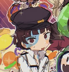 an anime character with many hats on her head and two other characters behind her looking at the camera