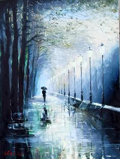 a painting of a person holding an umbrella walking down a rain soaked street in the dark