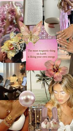 a collage of photos with flowers, pearls, and other things in them that are all over the place