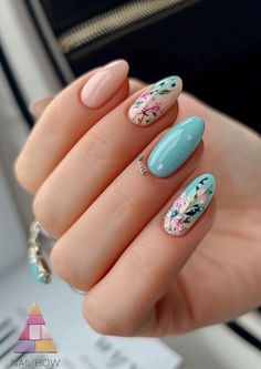 Pastel Petal Elegance: Float into spring with these oval nails, painted with fine floral strokes against a backdrop of sky blue and blushing pink. These nails are a celebration of spring's gentle beauty. Explore your spring nail fantasy at nailhow.com. Manicure Nail Designs, Trendy Nail Art, Oval Nails, Gold Nails